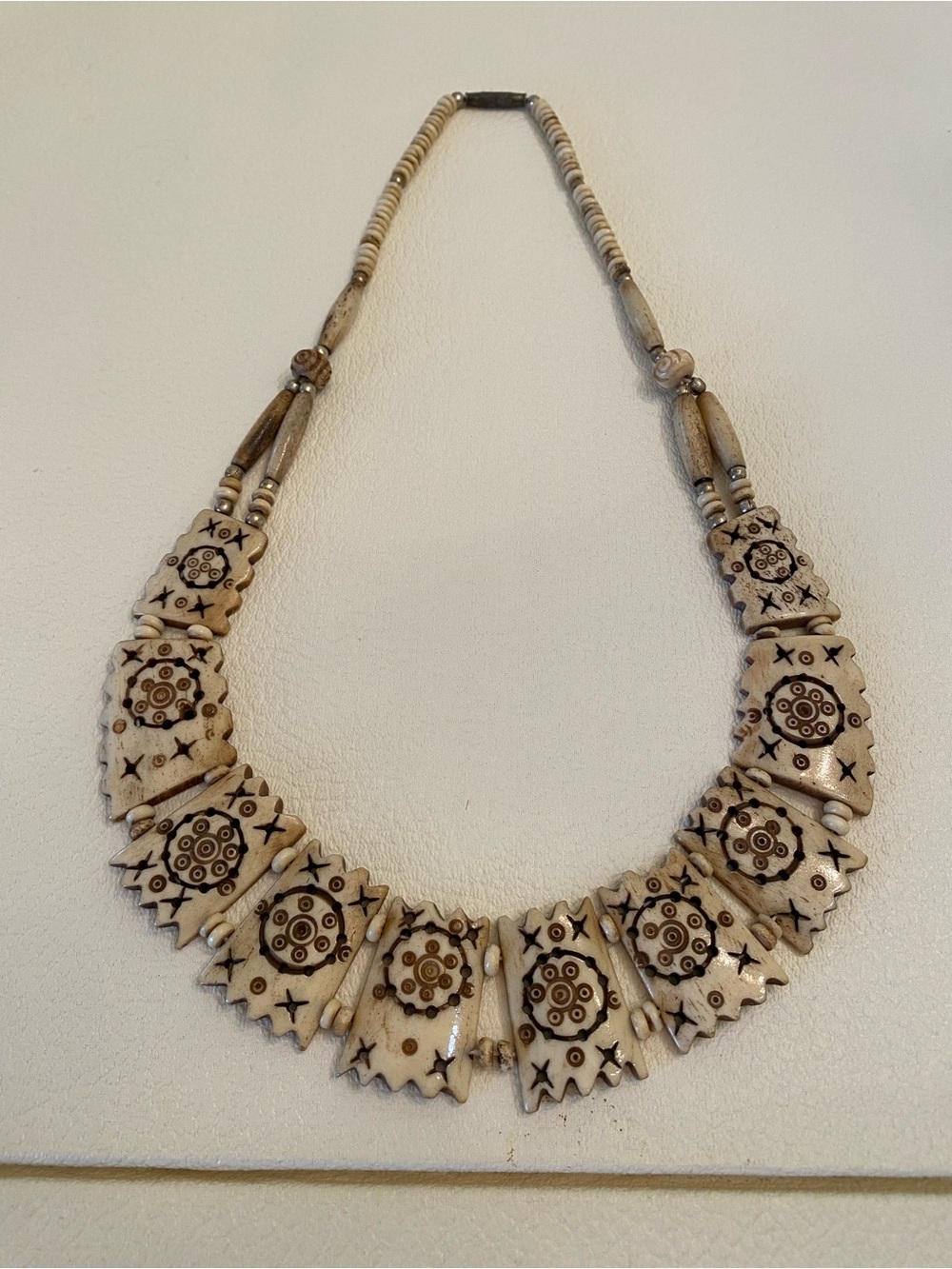 Vintage Cream & Black Hand Carved Etched Bone Bib or Choker Necklace